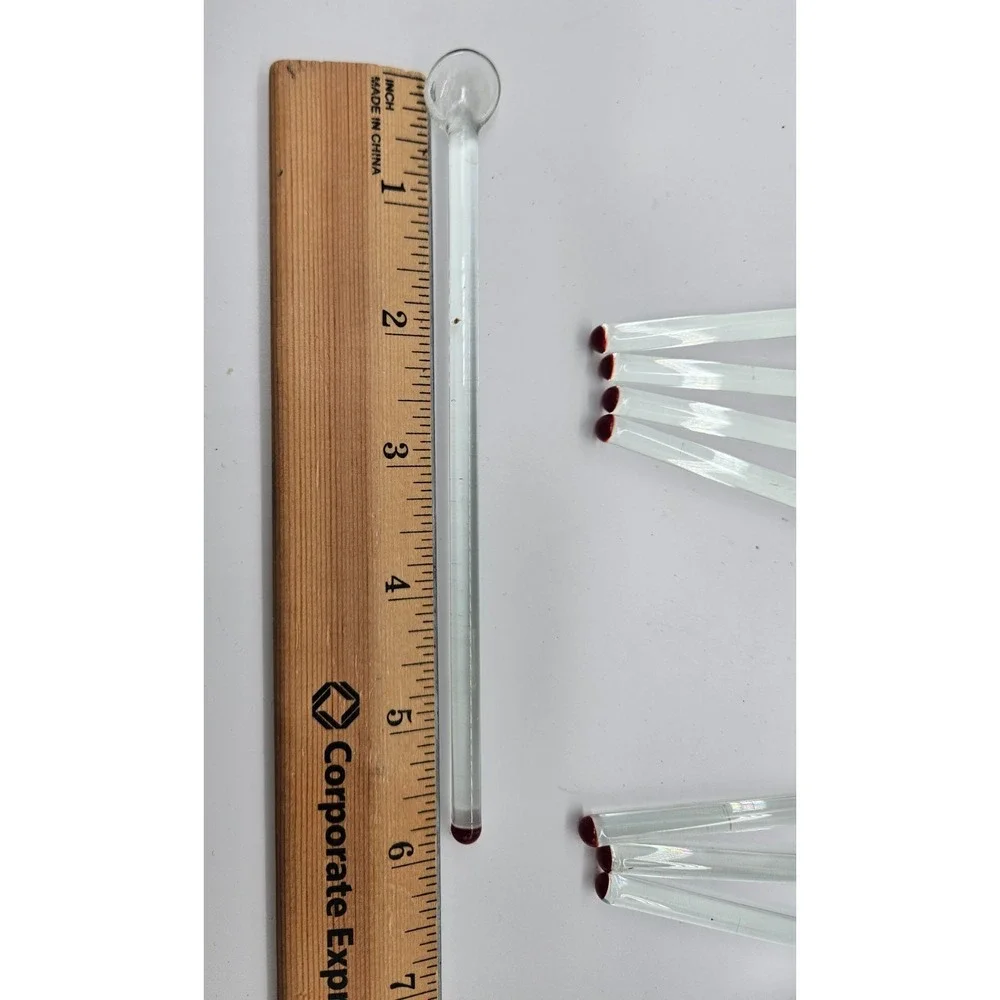 VINTAGE Set of‎ 8 Clear Glass Stirrers with Round RED Ends Cocktail Drink Mixers